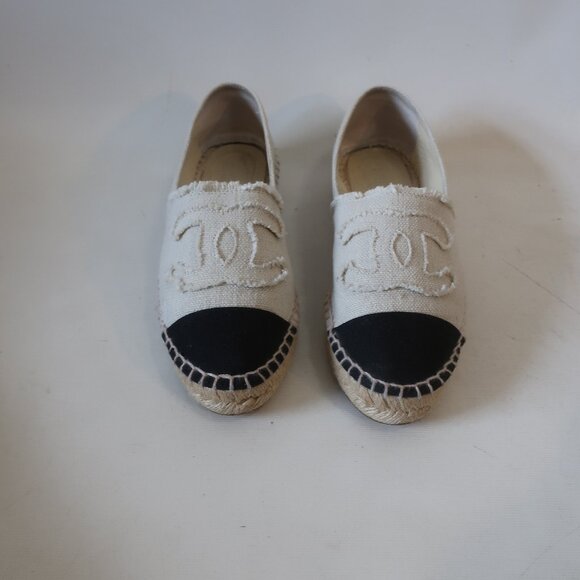 Authentic Womens Chanel Rev Coco Beige Black Linen Flat Espadrille Shoes 38 US/8 - Picture 5 of 14